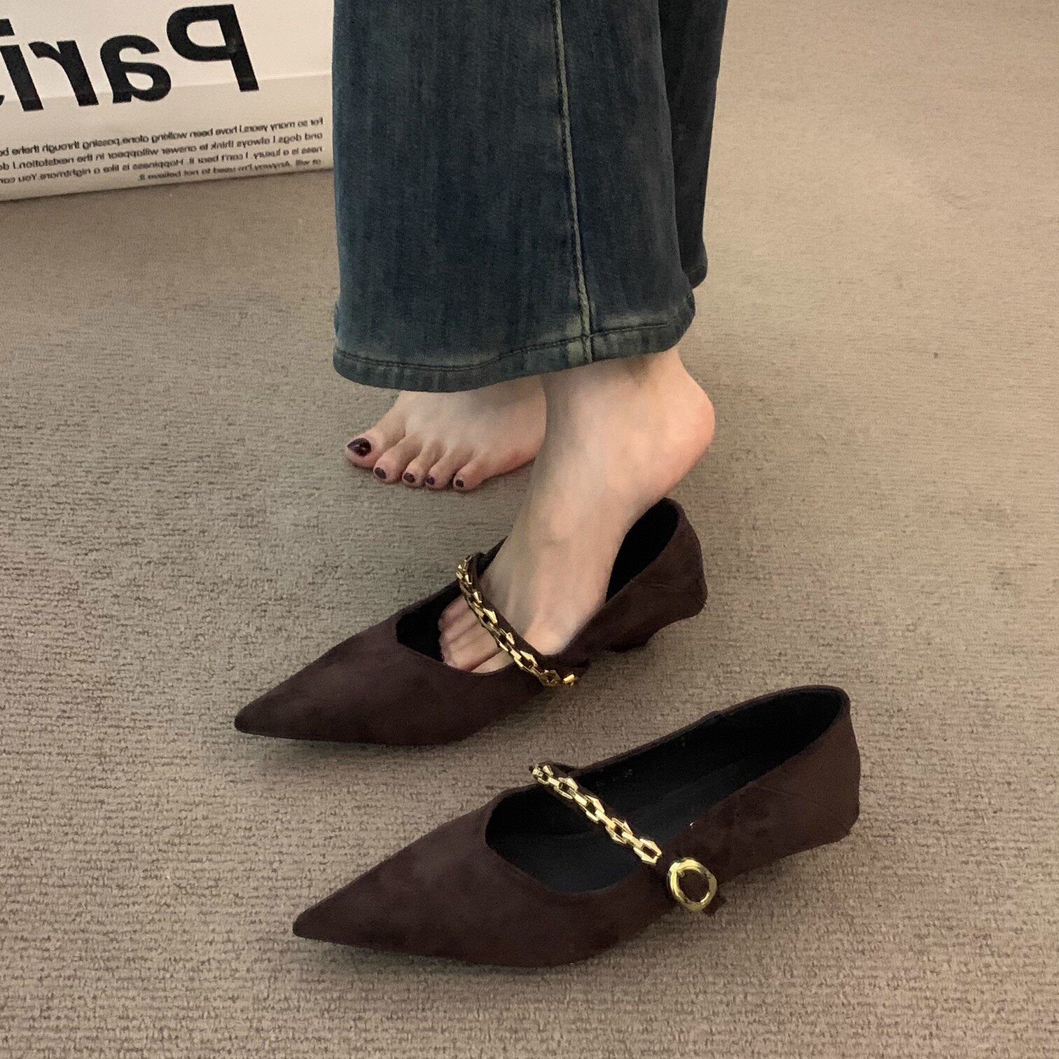 高品质尖头单鞋女中跟通勤奶奶鞋