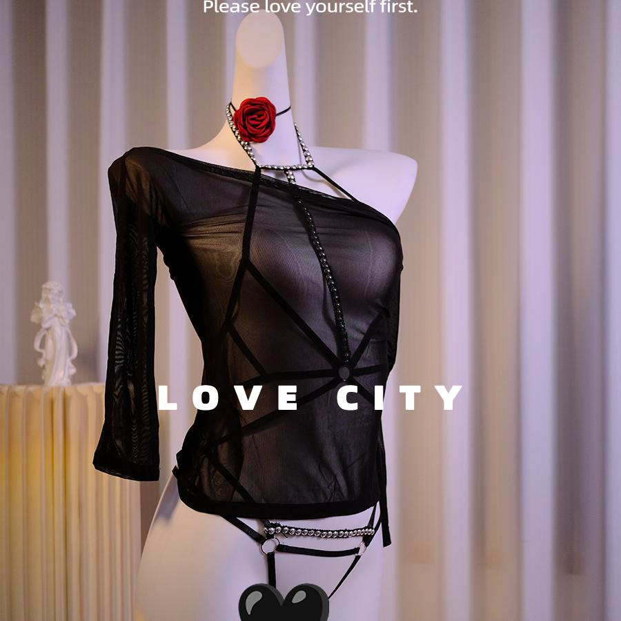 LOVECITY「征服时刻」性感网纱柳钉连体睡裙套装辣妹纯欲内衣
