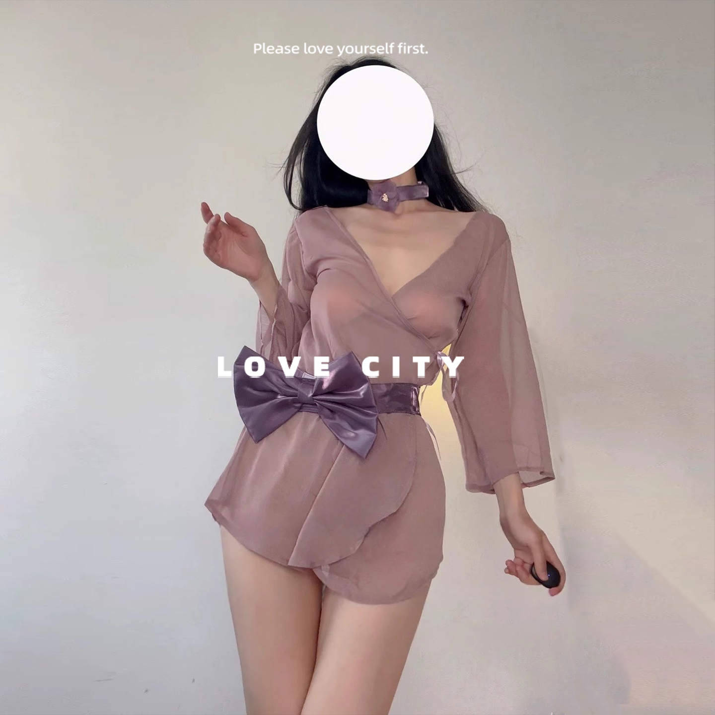 LOVECITY「和风歌姬」性感紫色和服蝴蝶结纯欲透气睡衣套装