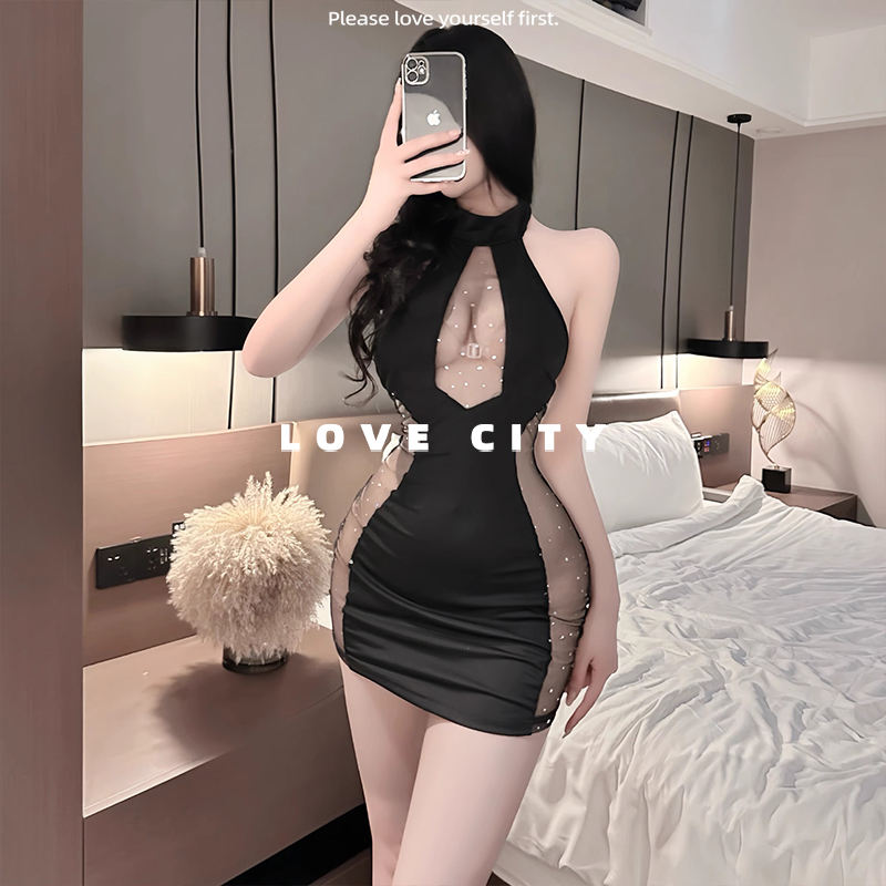 LOVECITY「星夜捕萤」薄款性感网纱烫钻内衣纯欲辣妹内搭包臀网衣