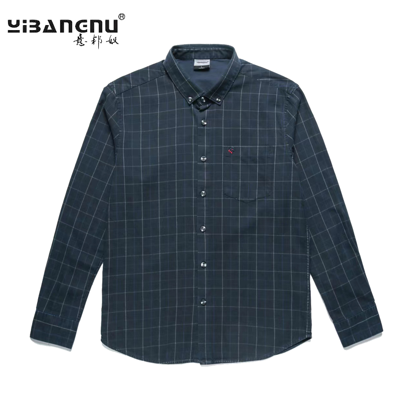 意邦奴新款水洗纯棉长袖衬衫男士春秋季格子大码宽松衬衣休闲外套