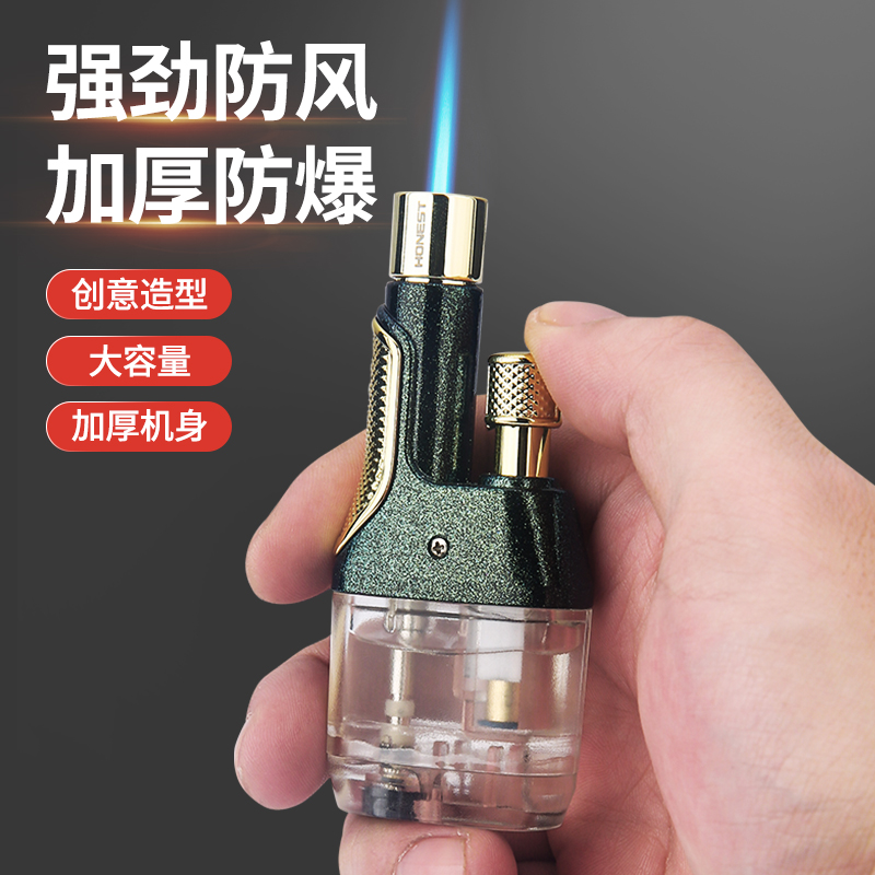 HONEST直冲蓝焰打火机透明气箱