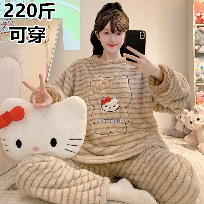 卡通加厚保暖珊瑚绒睡衣女士套装
