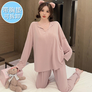 胖mm睡衣女春秋季 带胸垫莫代尔薄款 绿色加肥大码 200斤家居服套装