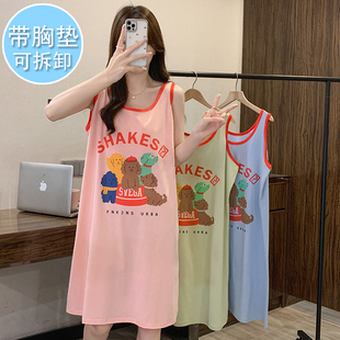 带胸垫纯棉睡裙夏季女200斤加大码胖MM孕妇背心吊带卡通无袖睡衣