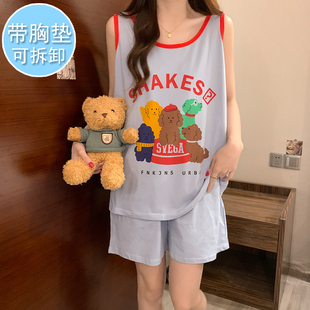 套装 纯棉大码 带胸垫睡衣女卡通米奇胖M宽松200斤背心短裤