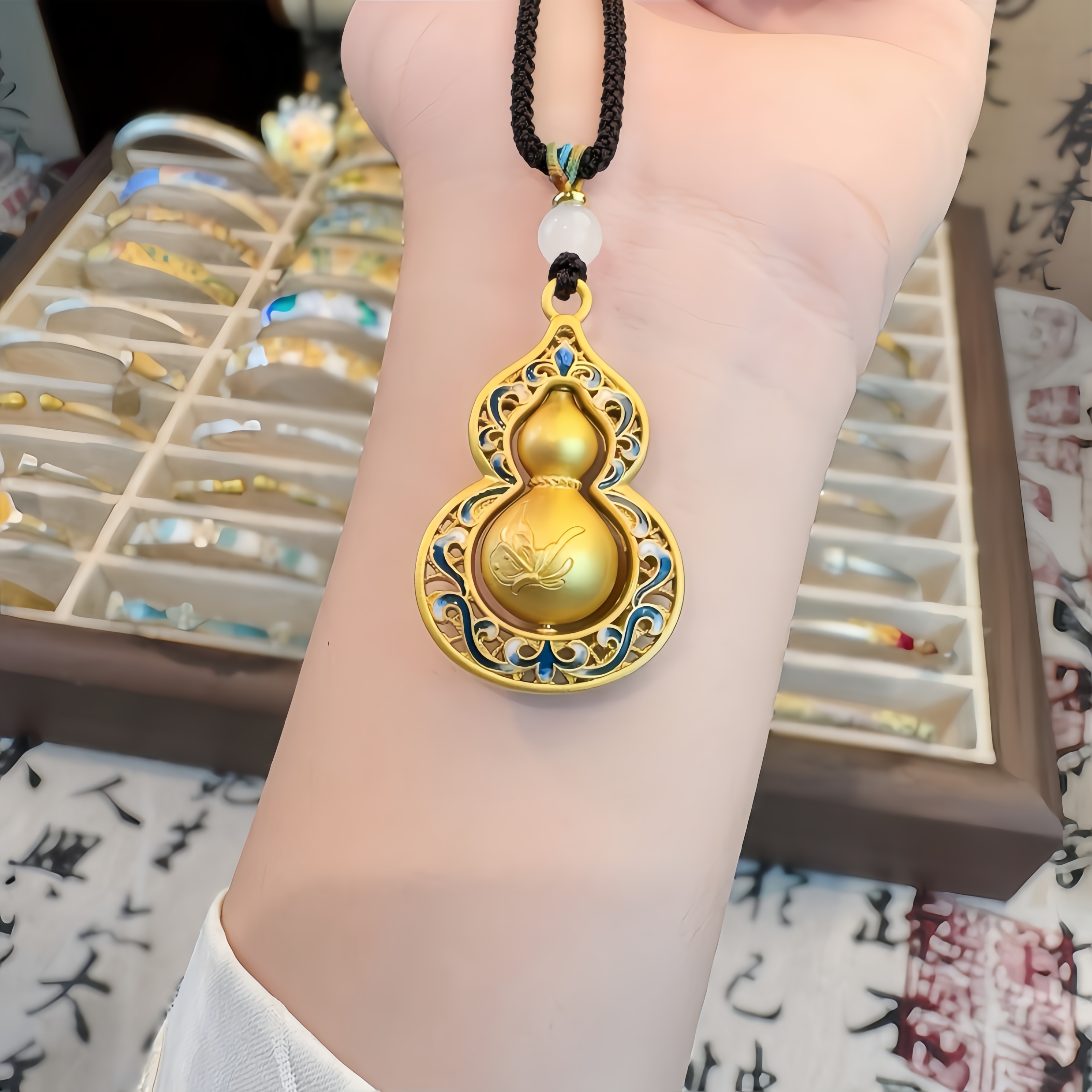 足银999描金青花葫芦吊坠银项链