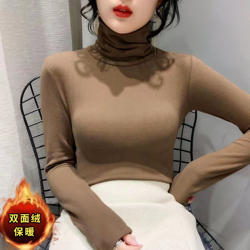 双面德绒加厚堆堆领网红打底衫女秋冬季内搭防风护颈高领洋气上衣