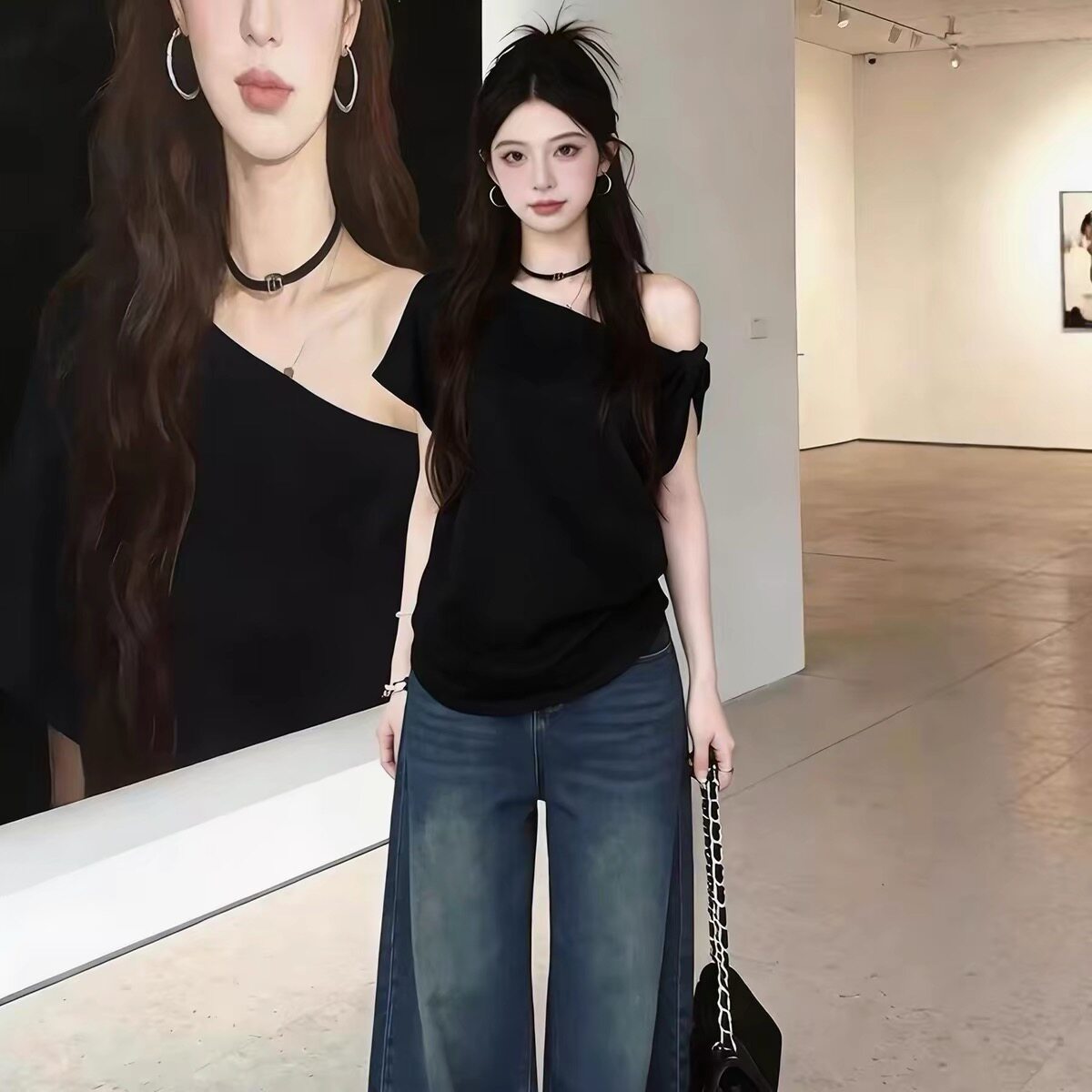 美式甜辣妹纯色短袖T恤女夏季斜肩宽松显瘦露肩扭结别致绝美上衣