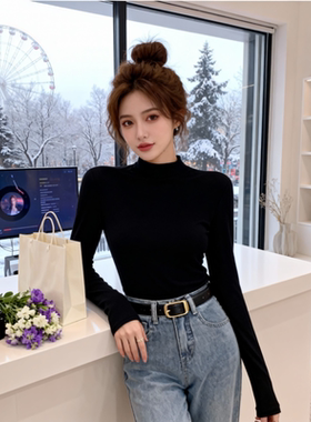 长袖t恤女时尚中领显瘦磨毛加绒保暖上衣可外穿半高领打底衫秋冬