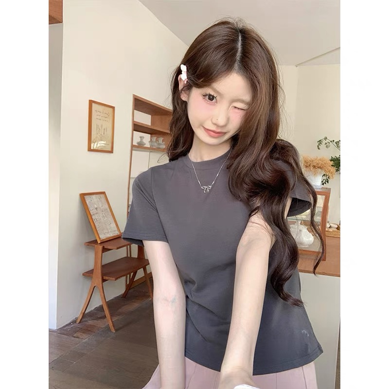 正肩炭灰色短袖t恤女夏季2025新款设计感绝美甜辣小衫设计感上衣