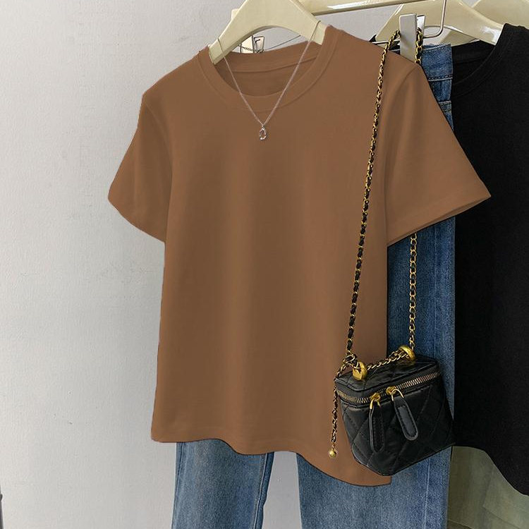 圆领纯色修身t恤女短袖独特别致百搭夏季2025新款甜辣正肩上衣