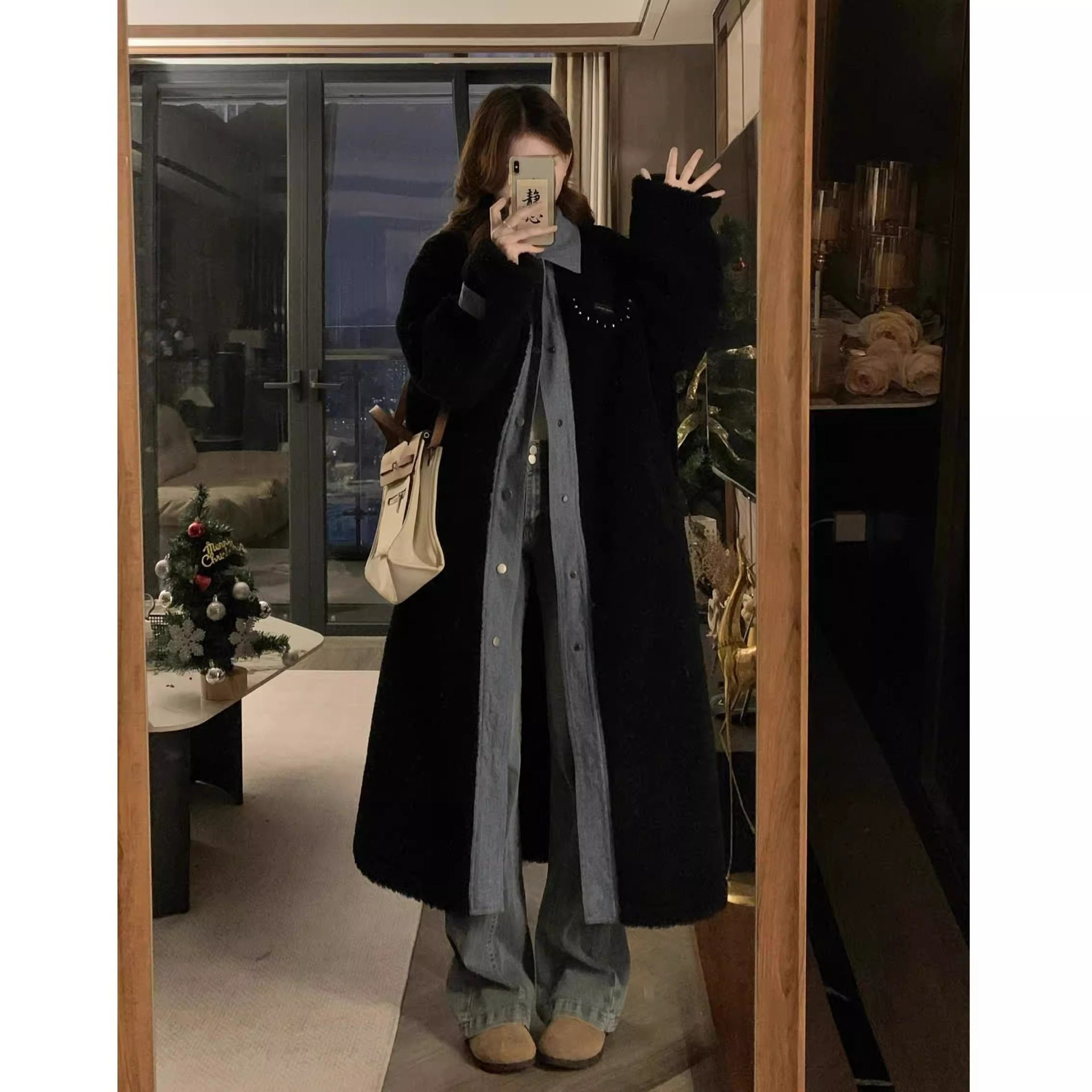 黑色假两件皮毛一体仿羊羔毛外套女冬加绒加厚保暖中长款过膝大衣
