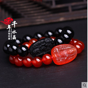 黑曜石红玛瑙守护手链文殊菩萨属兔开运旺财吉祥物男女款