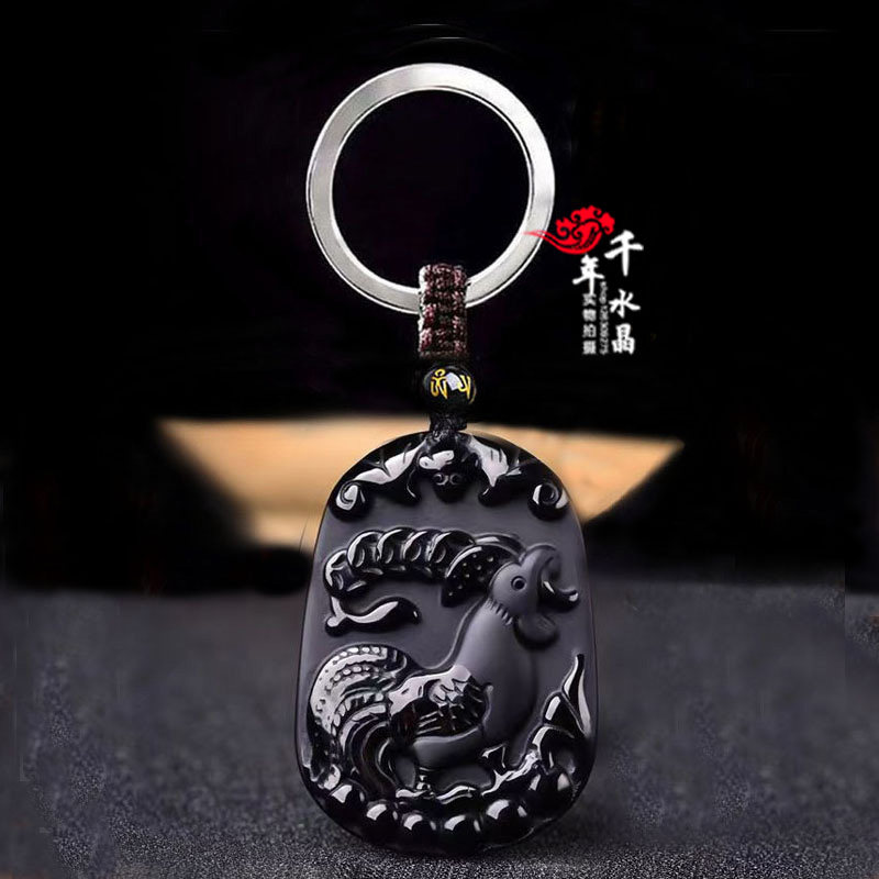 天然黑曜石生肖鸡吊坠