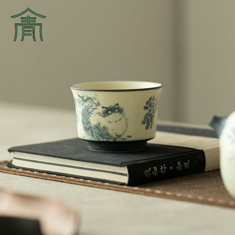 中式家用小茶盏岩韵青华猫咛图案陶瓷茶杯手工品茗杯功夫茶具白瓷