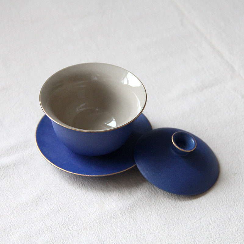 蓝色盖碗茶杯单个陶瓷功夫茶具三才碗家用泡茶器描金路宝盖碗茶碗