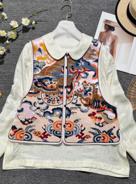 布谷-极简大牌老钱新中式海浪祥云重工刺绣醋酸马甲YS4-t528
