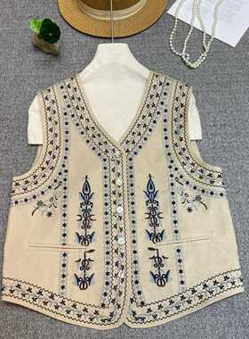 布谷-新重工刺绣麻棉做旧米灰底色蓝调复古纹样马甲YS215-G413