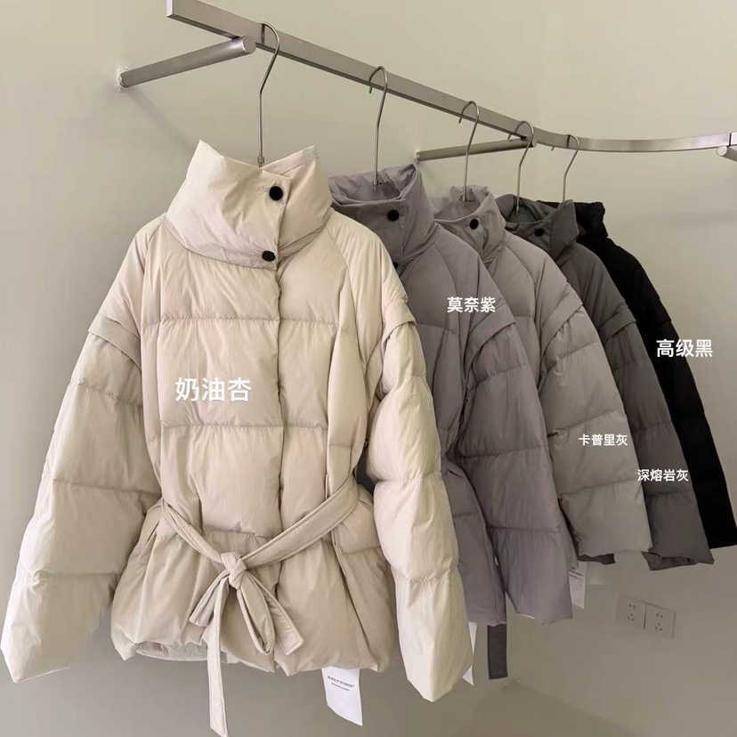 MOM法式简约立领系带收腰中长保暖羽绒服外套(配腰带)258827