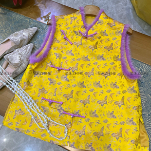 MOM冬上新新中式 桑蚕丝宋锦水貂毛盘扣马甲t1939