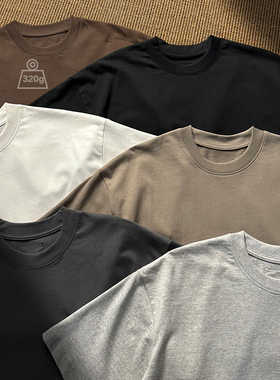 Quentin Marx男士纯色短袖320g重磅素T恤圆领宽松潮T白色打底衫夏