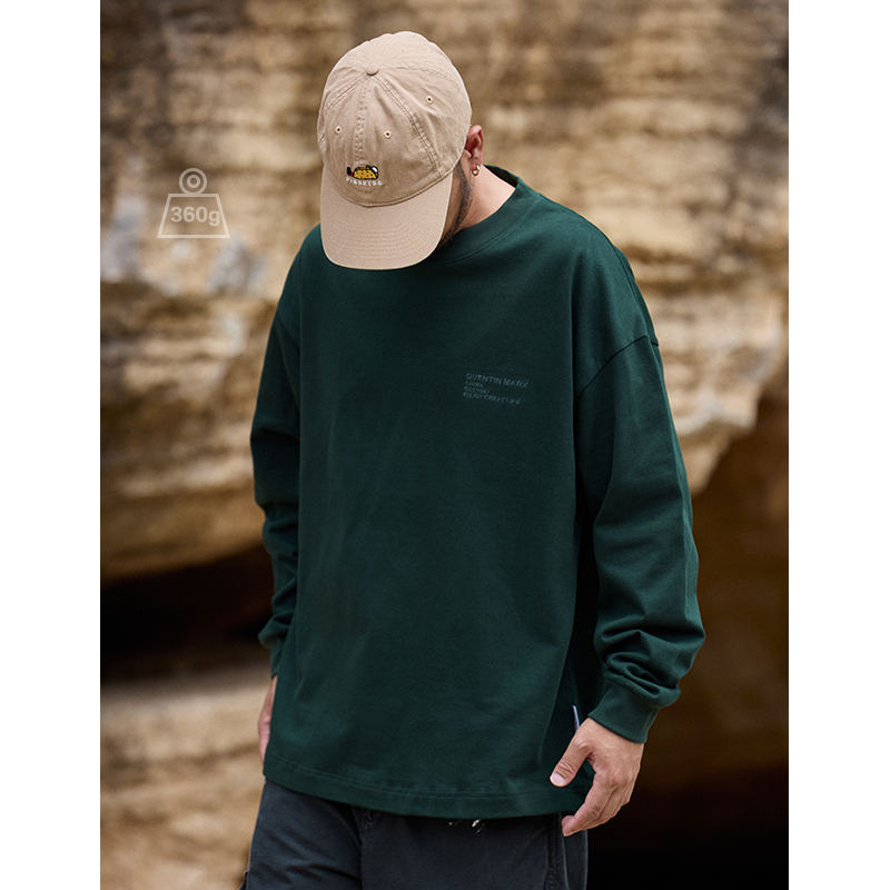 Quentin Marx日系男士360g重磅长袖男装圆领纯棉刺绣T恤打底衫秋