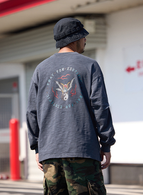 Quentin Marx日系复古蜡染水洗做旧男士重磅竹节棉长袖T恤宽松秋