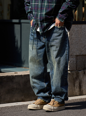 Quentin Marx日系男士赤耳单宁猫须牛仔裤宽松休闲直筒长裤潮男冬