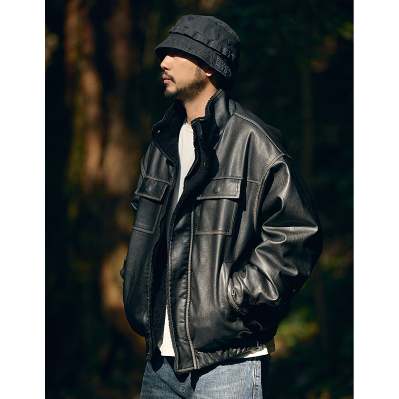 复古做旧加绒皮衣外套