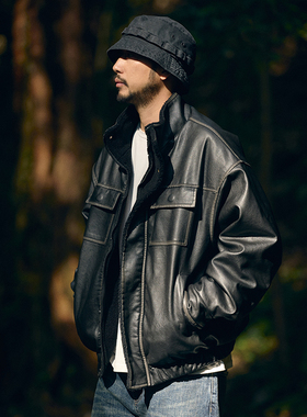 Quentin Marx日系复古做旧加绒皮衣外套男秋冬宽松棉衣潮牌皮夹克