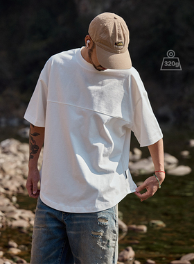 Quentin Marx日系重磅纯棉男士短袖T恤新款圆领弧形下摆宽松T夏季