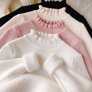 女童加厚一体绒毛衣木耳边洋气儿童秋冬装 加绒百搭上衣针织打底衫