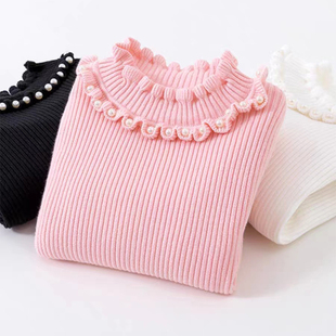女童毛衣冬装加绒珍珠荷叶半领毛衣中大童宝宝百搭纯色打底针织衫
