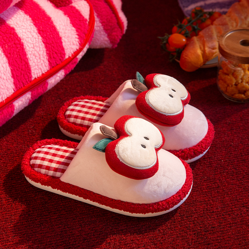 卡通苹果棉拖鞋女式冬天保暖家用毛绒拖鞋可外穿防滑加绒毛拖鞋