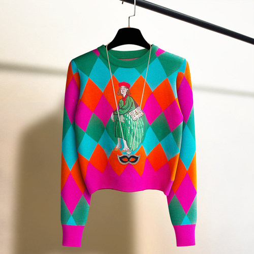 刺绣菱格高腰短款长袖套头毛衣