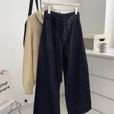 带腰带牛仔弯刀裤气质阔腿镰刀裤