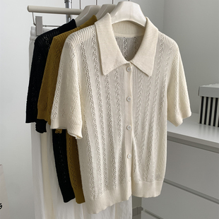100%莱赛尔天丝Polo针织短袖 女气质韩版 镂空麻花冰丝翻领开衫 夏季