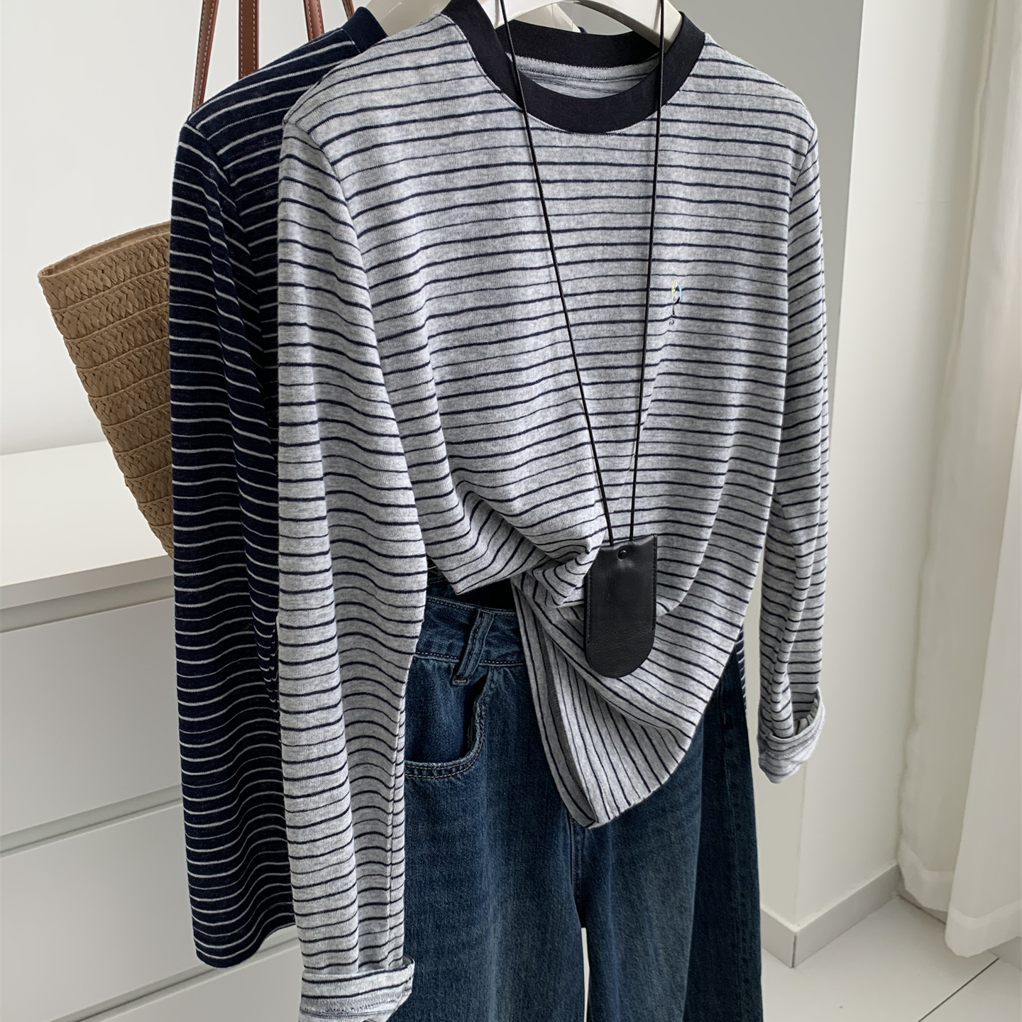 ins韩版麻感棉条纹刺绣T恤