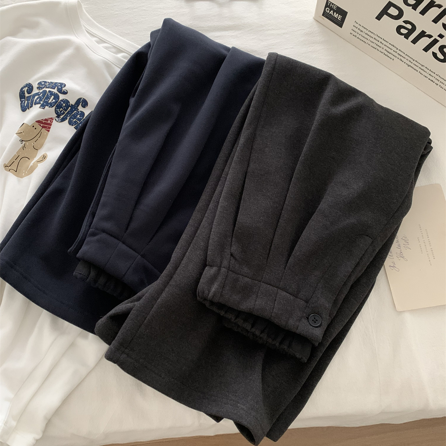 气质韩版捏褶高腰加绒阔腿裤