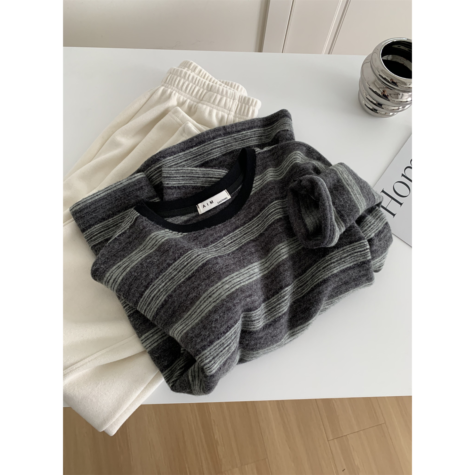 ins韩版加厚仿兔绒条纹T恤