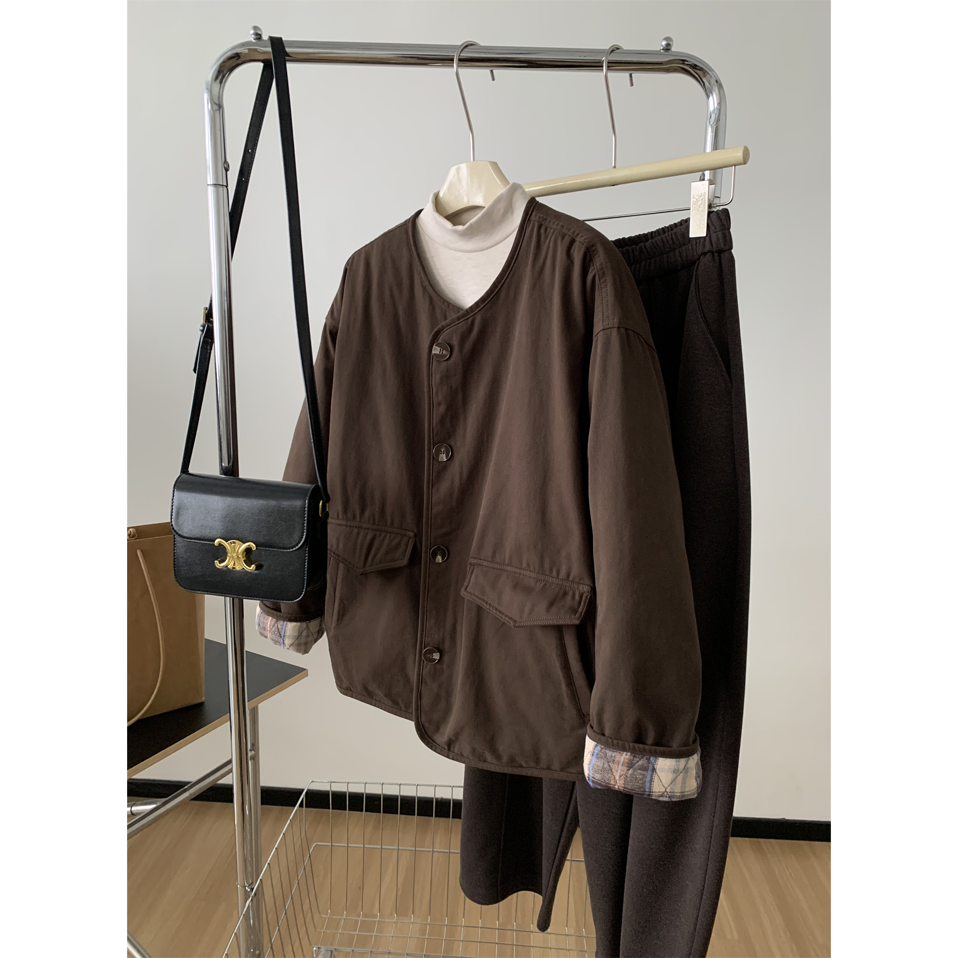 日系复古撞色菱格棉服外套