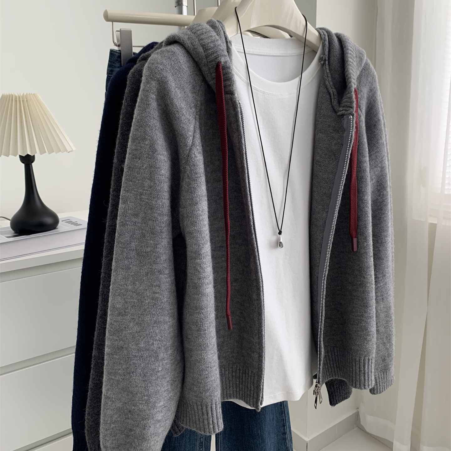 慵懒韩版连帽拉链针织外套