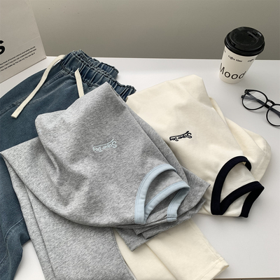 韩系小字母刺绣圆领宽松T恤