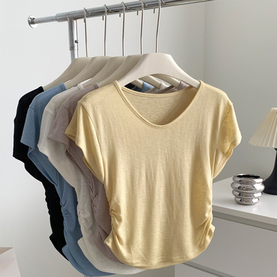 垂顺椰柔天丝麻小飞袖捏褶T恤