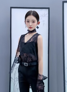 儿童模特形体走秀潮服女童酷潮服高端车模T台服装黑色套装演出服