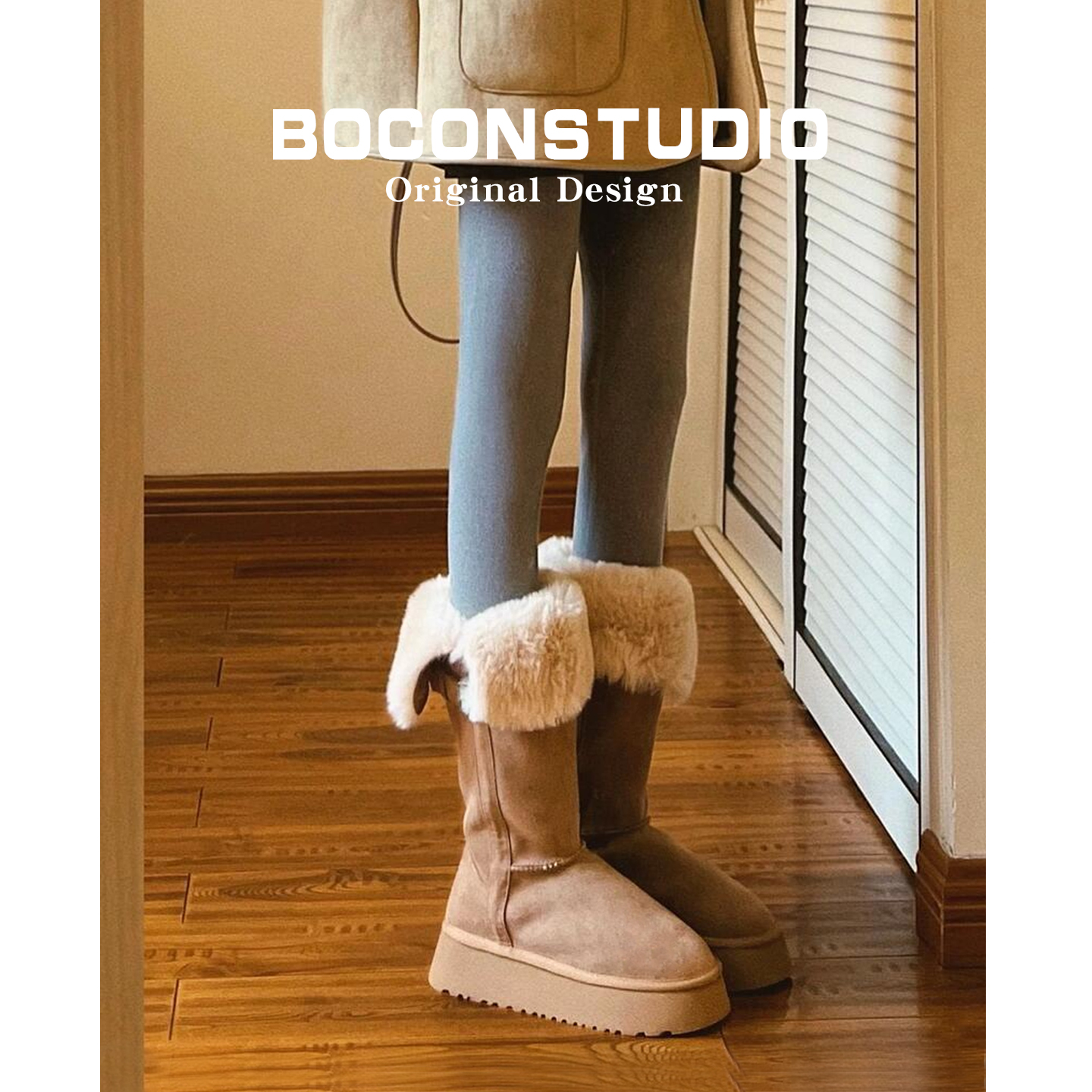 油叽叽~厚底雪地靴女冬季加厚毛毛保暖东北长筒棉鞋加绒高筒靴子