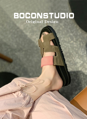 【勃肯家族】二舅H拖鞋女夏季外穿真皮厚底魔术贴平底女式凉拖鞋