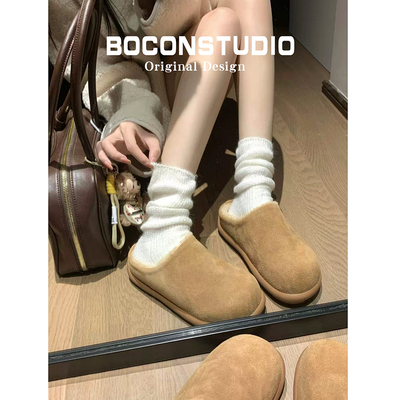 牛皮版~小土豆勃肯鞋加绒毛毛拖鞋女外穿秋冬东北棉鞋厚底雪地靴