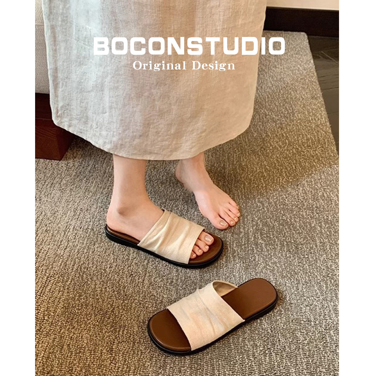 羊皮版~曼谷拖度假风亚麻褶皱平底凉拖鞋女夏外穿沙滩一字拖鞋子